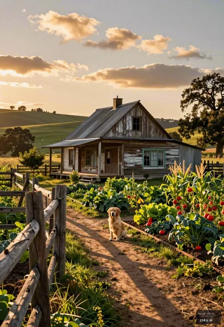 A photorealistic documentary-style wide shot capturing the rustic and serene atmosphere of a traditional rural farmstead…