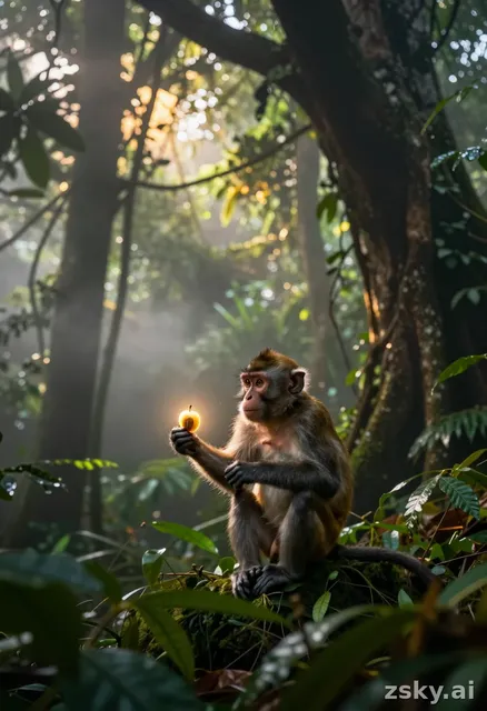 A slow camera movement through a dense, misty jungle, with soft morning light filtering through the canopy in golden rays.