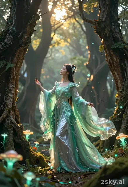 Mystical forest guardian woman, glowing aura, standing among magical trees, elegant, fantasy character, soft light, ultra…