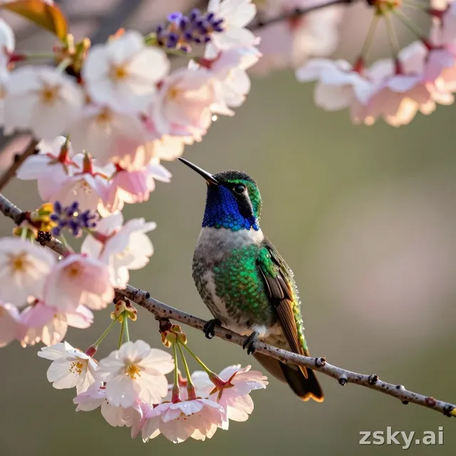 A photorealistic close-up portrait capturing a moment of profound natural elegance, centered on a vibrant bird perched…