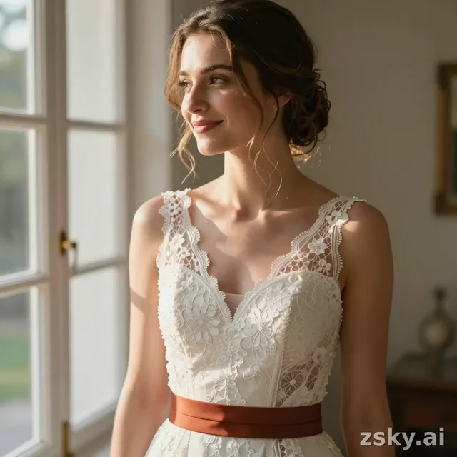 A photorealistic editorial portrait capturing a bride in a moment of quiet elegance and serene joy.