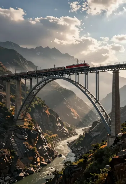A photorealistic architectural epic capturing the majestic Chenab Bridge in India, the world’s highest railway bridge…