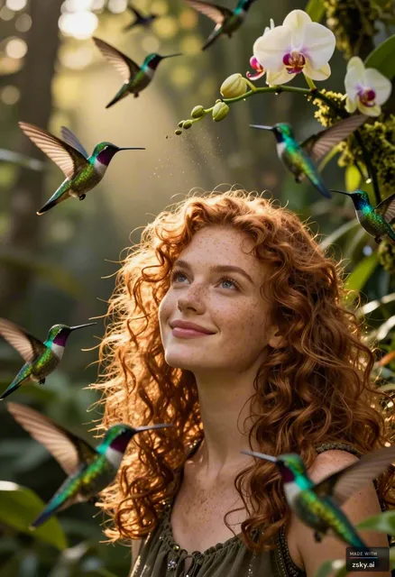 Cinematic close-up of a young woman with curly auburn hair and freckled skin, standing in a sun-dappled jungle clearing at…