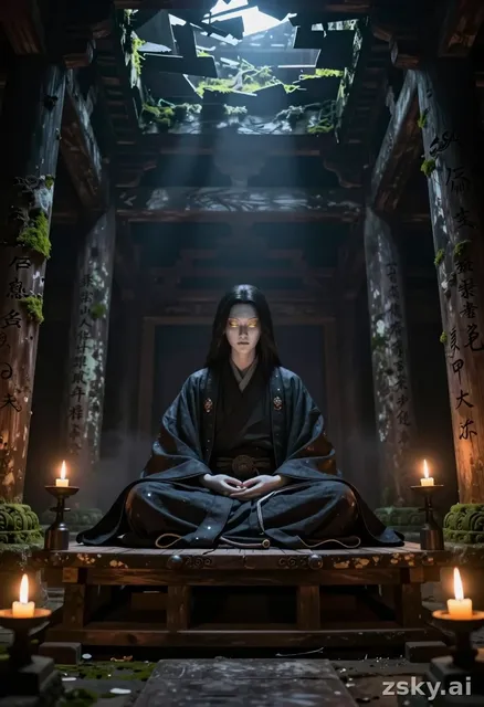 A dark, ancient temple in the Heian era, with dim candlelight flickering against stone walls covered in moss and kanji…