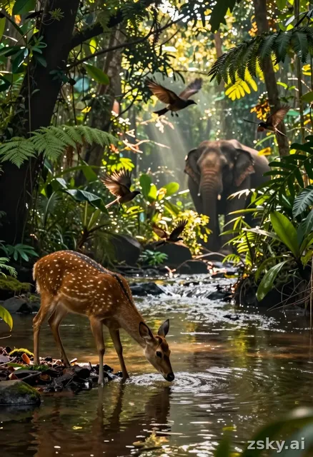 A photorealistic wildlife documentary scene set in a dense, lush tropical rainforest.
