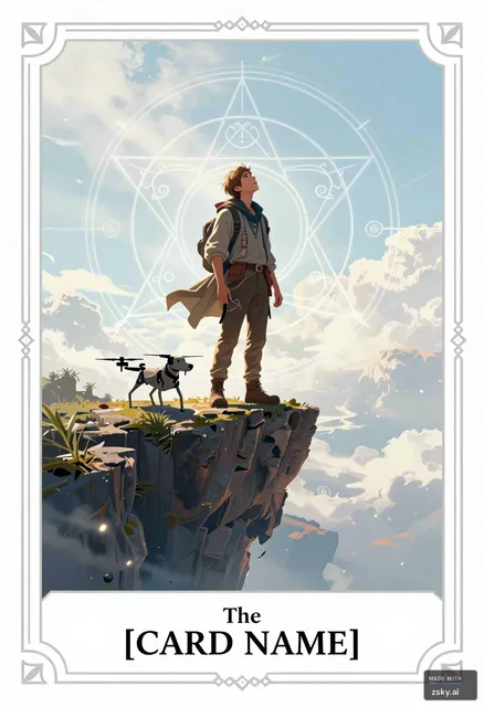 masterpiece, best quality, sci-fi tarot card illustration, futuristic mystical atmosphere, full body character, centered…
