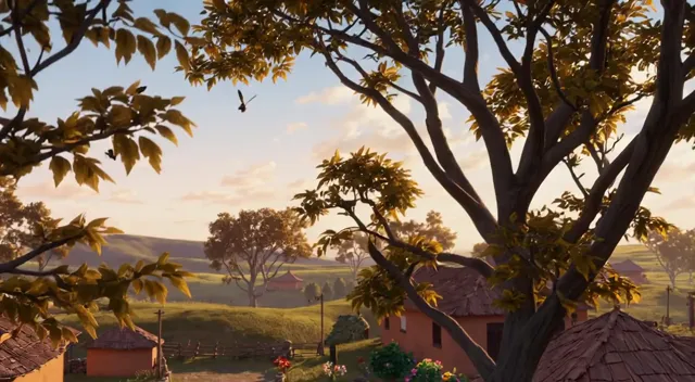Cinematic Ghibli-style animated wide shot of a small rural village at sunrise, bathed in soft golden light that spills…