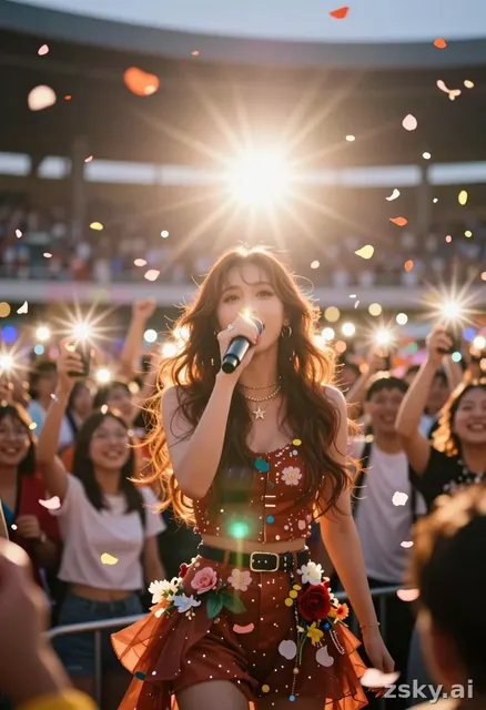 A cinematic 4-second video of a radiant star under a dazzling spotlight, surrounded by a crowd in joyful celebration.