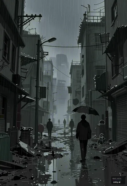 dark fantasy slum city, heavy rain falling intensely, muddy streets, broken buildings, fog everywhere, people walking in the…