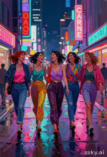 A painterly oil-on-canvas scene of a group of joyful, wild women walking at night down a neon-lit city street.