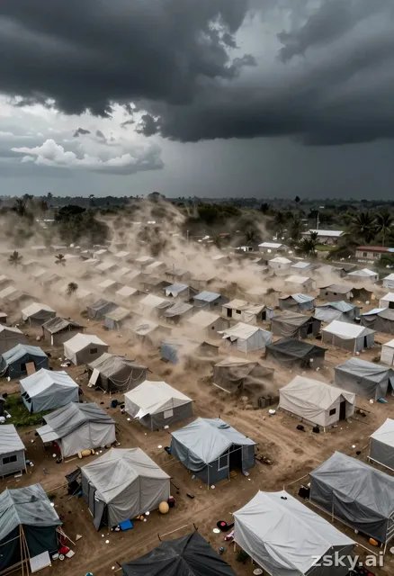 A photorealistic aerial drone shot captures a sprawling Rohingya refugee camp from a high altitude, looking down at the…