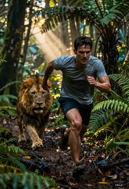 Photorealistic cinematic action sequence, eye-level dynamic tracking shot following a young man in mid-stride as he sprints…