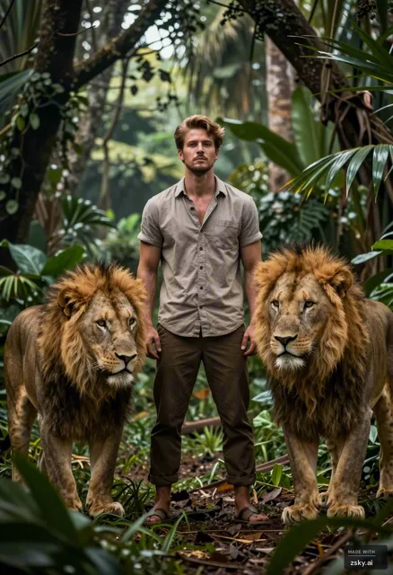 Create hd image of A man in jungle with 2 lions