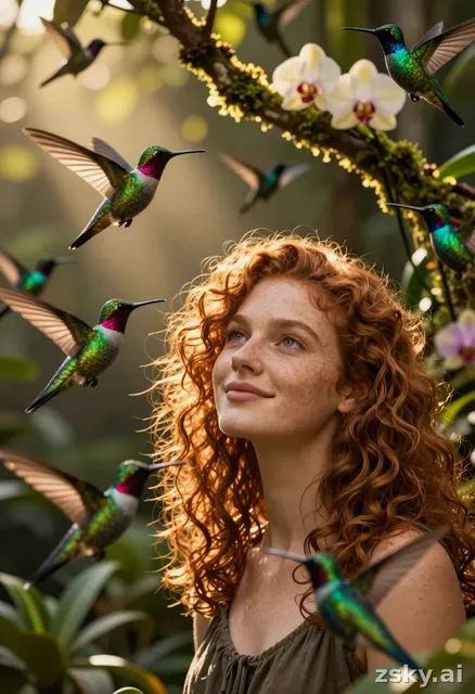 Cinematic close-up of a young woman with curly auburn hair and freckled skin, standing in a sun-dappled jungle clearing at…