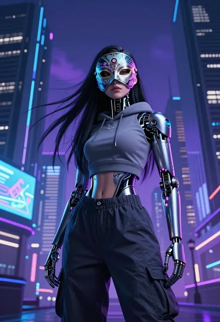 A 29-year-old woman, 5'6" tall, with long flowing hair, half human and half robot, wearing a fitted hoodie and baggy pants…