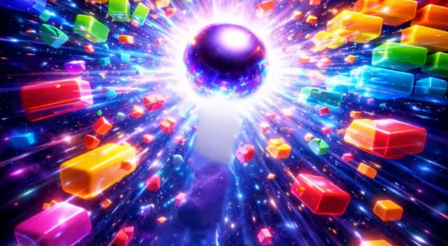 A high-speed camera style capture of a neon breakout game scene.