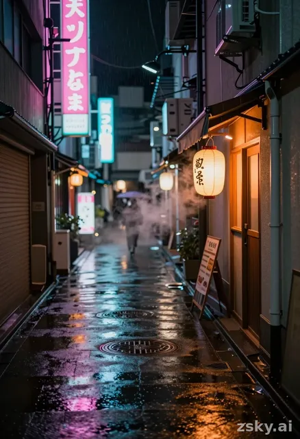 Lit me walk in Wide cinematic anamorphic shot of an empty Tokyo back alley at night, neon kanji signs flickering pink and…