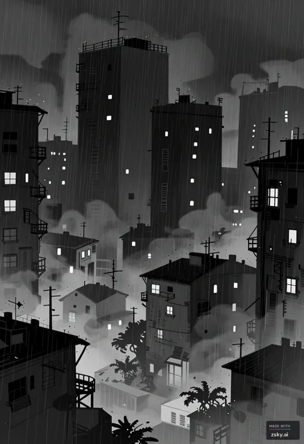 dark fantasy slum city, heavy rain, cinematic atmosphere, 2D manhwa style, stylized illustration, webtoon background art…