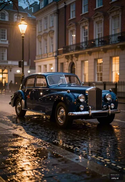 A photorealistic cinematic scene capturing the timeless elegance of a 1950s London night, rendered in high-fidelity…