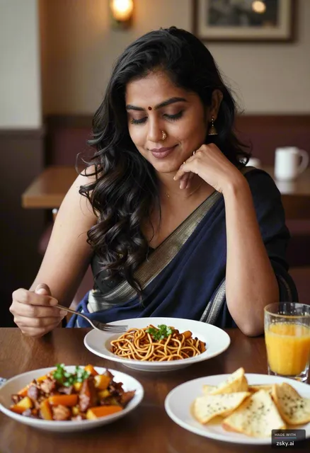 A woman is a indian type in the food table
