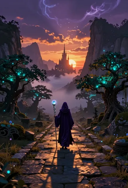 A photorealistic fantasy landscape painting characterized by ethereal grandeur and magical realism.