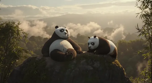 A cinematic video of a cute giant panda lying lazily on a misty mountain peak, surrounded by dense bamboo groves and soft…