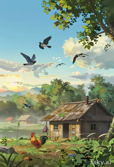 A cinematic anime scene of a peaceful Santhali village house at sunrise.