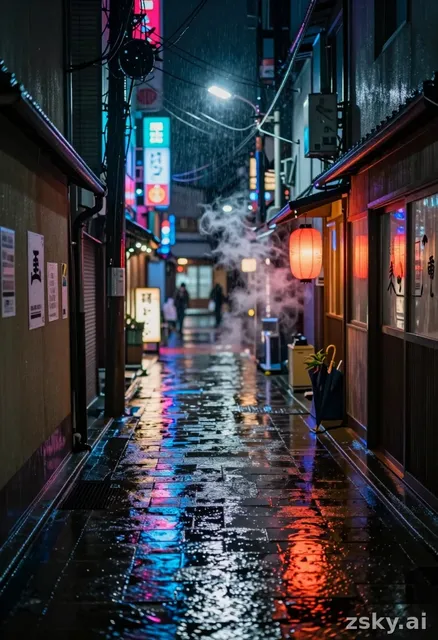 A photorealistic cinematic street photography scene capturing the atmospheric essence of a narrow Tokyo alleyway during a…