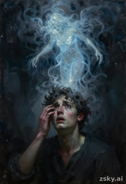 A haunting oil painting rendered in a style reminiscent of classical romanticism with heavy impasto textures and visible…