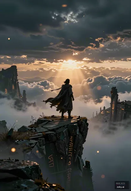 A dramatic cinematic animation sequence rendered in the style of a high-budget fantasy film, featuring a slow, deliberate…