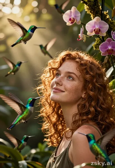 Cinematic close-up of a young woman with curly auburn hair and freckled skin, standing in a sun-dappled jungle clearing at…