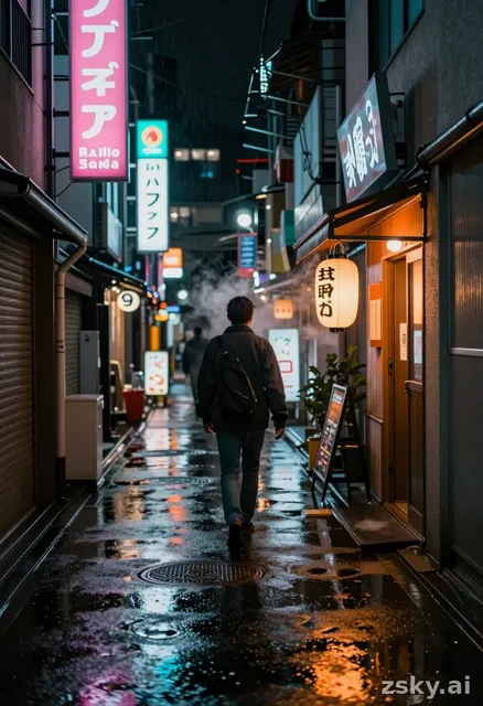 Lit me walk in Wide cinematic anamorphic shot of an empty Tokyo back alley at night, neon kanji signs flickering pink and…