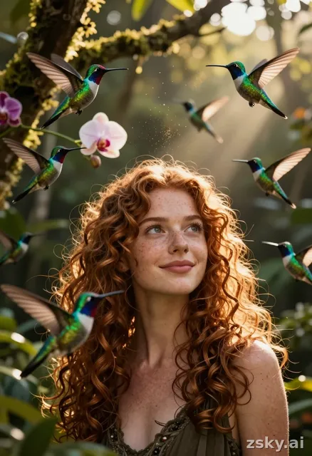 Cinematic close-up of a young woman with curly auburn hair and freckled skin, standing in a sun-dappled jungle clearing at…