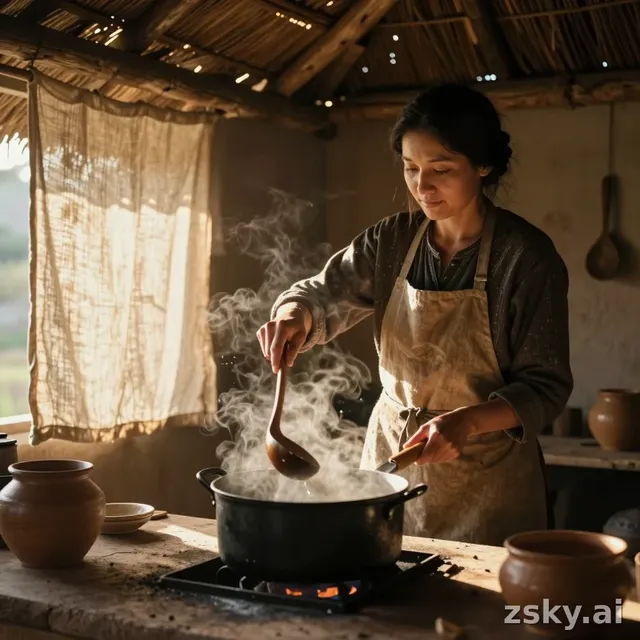 A woman cooking in a rustic hut, her hand lifting a wooden ladle as golden sunlight filters through the weathered thatch…