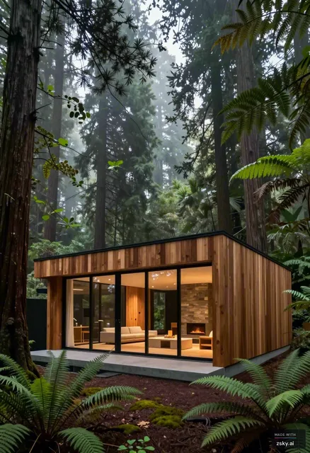 A photorealistic architectural visualization of a modern sustainable residence nestled within a dense, verdant forest…