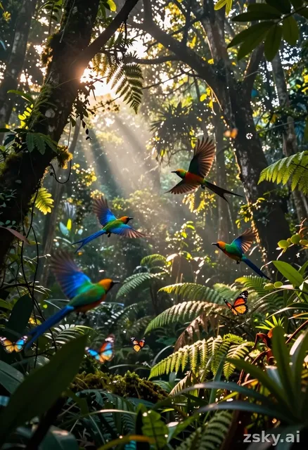 A photorealistic nature documentary scene captured in a cinematic wide shot, showcasing a lush, vibrant tropical jungle…