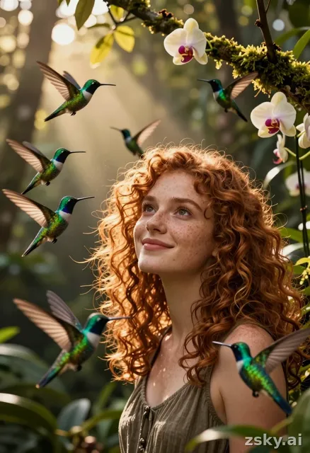 Cinematic close-up of a young woman with curly auburn hair and freckled skin, standing in a sun-dappled jungle clearing at…