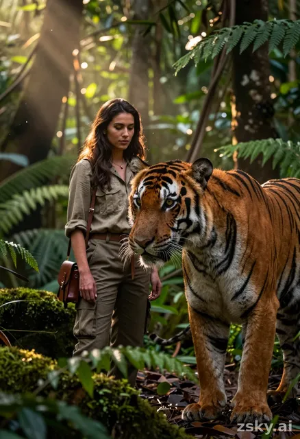 A hyper-realistic wildlife documentary photograph capturing a tense yet harmonious moment in the dense, verdant depths of a…