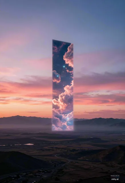 cinematic futuristic album cover, surreal landscape at sunset with mountains and open terrain, vibrant sky with pink, blue…