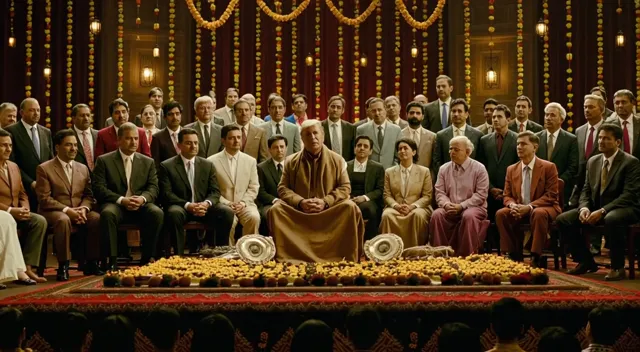 Cinematic, photorealistic video of Donald Trump seated on a decorated Urdu mushaira stage, wearing traditional Indian…