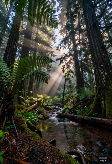 A photorealistic landscape photograph capturing the raw, untamed beauty of a dense temperate rainforest during the early…