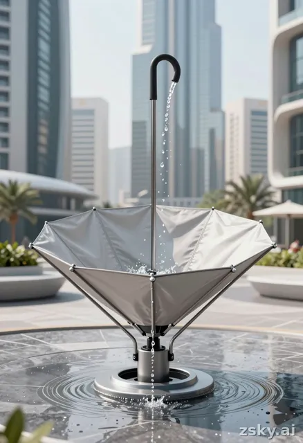 A futuristic inverted umbrella made of waterproof fabric material, designed for rainwater harvesting.