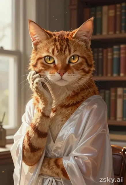 A whimsical fantasy illustration blending human anatomy with feline characteristics, rendered in a detailed digital painting…