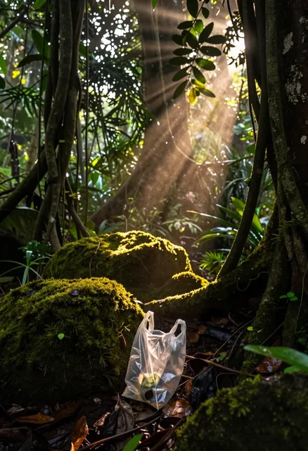 A dense jungle canopy filters sunlight through thick foliage, casting golden beams that illuminate the forest floor.