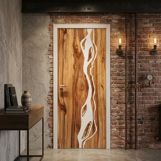Slow cinematic horizontal pan to the right, modern luxury interior hallway, dark wood paneled walls with live-edge doors…