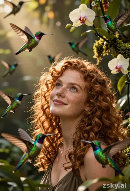 Cinematic close-up of a young woman with curly auburn hair and freckled skin, standing in a sun-dappled jungle clearing at…