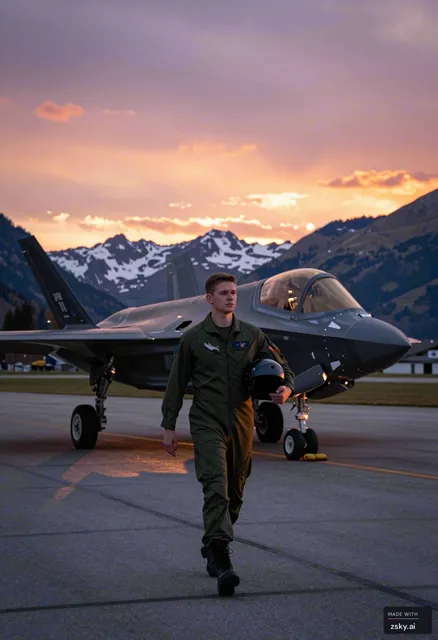 A photorealistic cinematic medium shot captures a young male military pilot walking with calm, deliberate purpose along the…