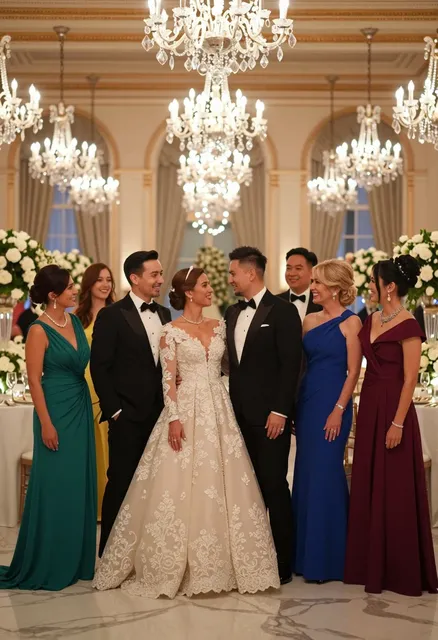Photorealistic cinematic wedding video still, capturing the essence of an opulent and high-end celebration.
