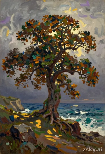 A richly textured oil painting in the style of the Romantic era, characterized by thick impasto brushstrokes and a deep…