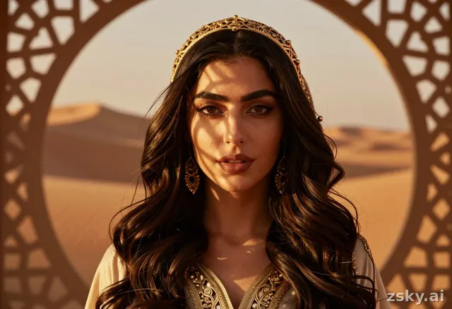 Elegant portrait of an Arabic woman with striking features and deep dark eyes illuminated by warm golden hour light…